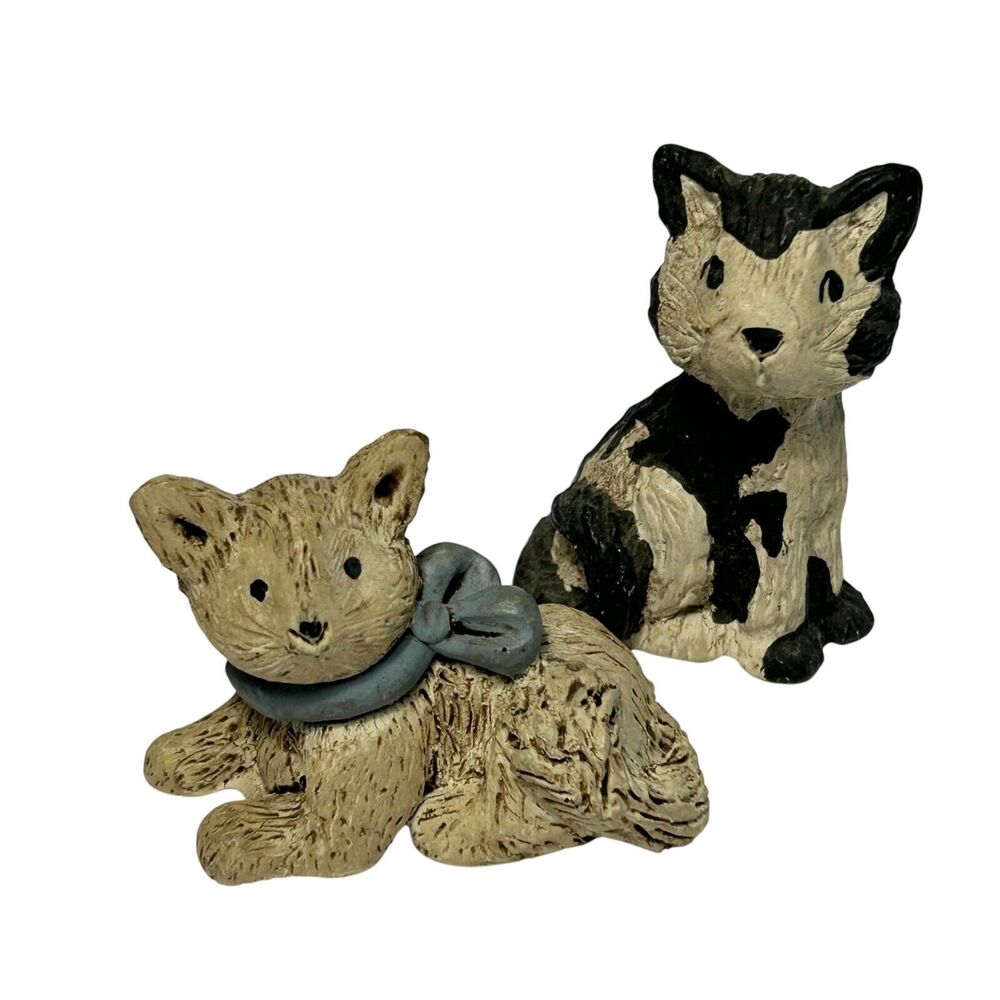 Miniature Clay Cats Black Tan Signed TCC Vintage 1985 Lot Of 2 Kittens 2”